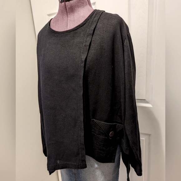 Stylish Asymmetrical Black Linen Top, OS, EUC - Picture 2 of 11
